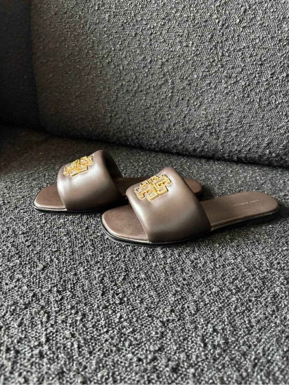 Tory Burch Dark Mahogany Britten Puffy Slide with Gold Emblem